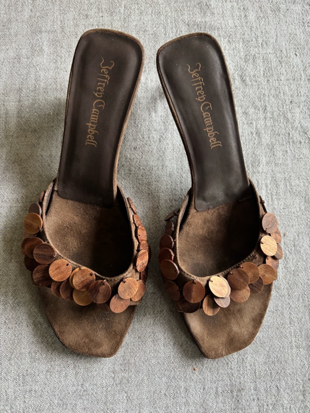 Jeffrey Campbell Brown Suede Mules with Wooden Disc Accents